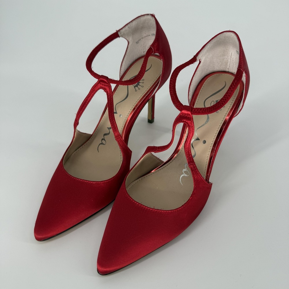 Nina Netta Womens Size 6 Red‎ Rogue T-Strap Pointed Toe Satin Heels Classy